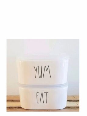NEW Rae Dunn Yum & Eat Ceramic Food Storage Containers with Lids ~ Set of Two